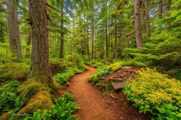 Fototapeta premium A winding dirt path leads through a lush green forest filled with tall trees, ferns, and vibrant undergrowth on a bright day