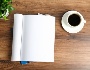 Magazine & Book Mockup Flat Lay: Blank Covers on Minimalist Wooden Table. Publishing, Branding & Coffee Concept