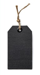 A blank, dark-grey rectangular tag with a jute twine loop and black metal eyelet, isolated on white