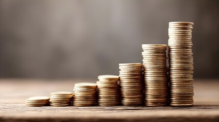 Financial Growth Visualization with Stacked Coin Progression in Macro Composition