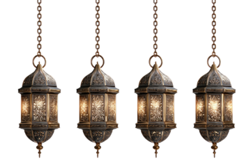 Four ornate hanging lanterns, suspended by chains against a transparent background