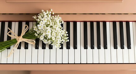 Delicate white flowers with straw bow adorning a piano keyboard,Piano keys paired with a floral arrangement evoke romance and musical inspiration