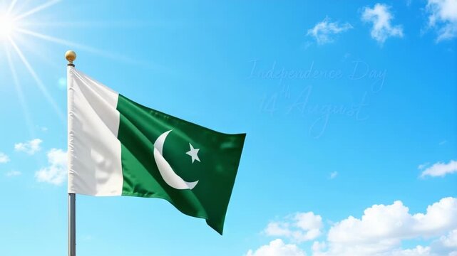 Pakistan flag waving against a bright blue sky with independence day text in the upper right corner