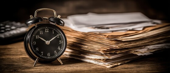 Fototapeta premium A vintage alarm clock sits beside a large stack of paperwork on a wooden desk, suggesting urgency and time management