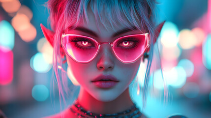 Digital artwork of a mystical cyberpunk elf with bright, fluorescent hair and illuminated eyes, set in a sci-fi fantasy world full of tech and mystery.