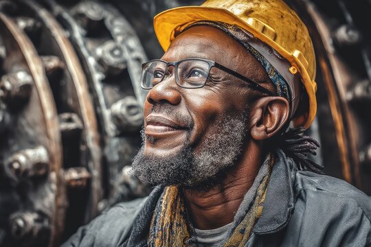 Smiling mature worker wearing glasses and a yellow safety helmet, looking upward, with industrial machinery in the background