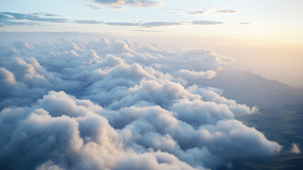 Fototapeta premium Aerial view of clouds from airplane at high altitude, International Day of Clean Air for Blue Skies