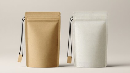 Two stand-up pouches, kraft and white, with dark drawstrings and square toggles, on a light background