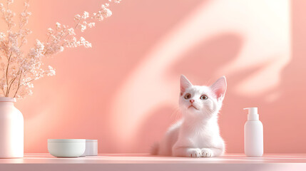Adorable white kitten on a shelf with pet grooming products. Minimalist composition on a pastel pink background.