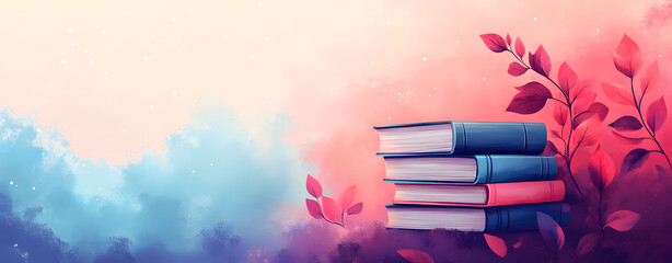 A whimsical illustration of a book stack against a dreamy pastel cloudscape, an ideal background for online education.