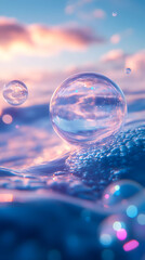Surreal transparent bubbles floating on calm water, reflecting a beautiful pastel sunset sky. Abstract dreamlike background.