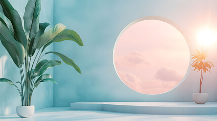 Serene minimalist podium in a pastel interior with a circular window overlooking a sunrise sky. Ideal background for product display.