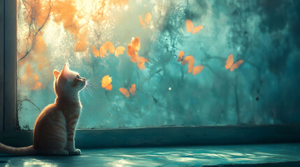A contemplative ginger kitten watches a surreal flight of butterflies through a window, symbolizing hope and new beginnings.