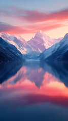 A serene and surreal mountain landscape with a perfect reflection in the water during a colorful sunset, an ideal background.