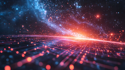 A futuristic technology background with a glowing digital grid stretching towards a vibrant cosmic horizon of red and blue light.