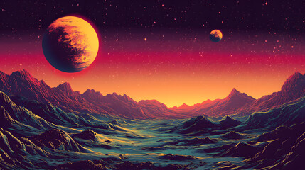 A vibrant background for a space exploration theme, featuring an otherworldly canyon landscape under a dramatic twilight sky with planets.