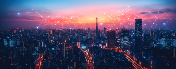 Futuristic smart city skyline with a glowing digital network at sunset. Concept of global connectivity and data communication.