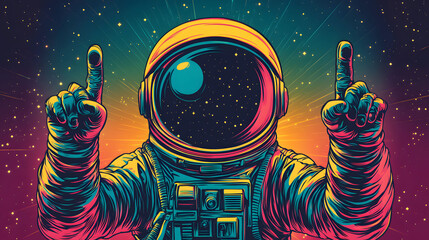 Vibrant illustration of an astronaut pointing upwards to the cosmos, with a galaxy reflected in the helmet. A colorful vision of space exploration.
