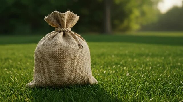 A burlap sack sits on a grassy field