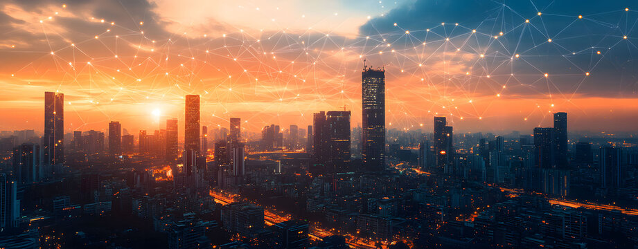 Futuristic smart city with a glowing digital network connection over the urban skyline at sunset, representing global communication.