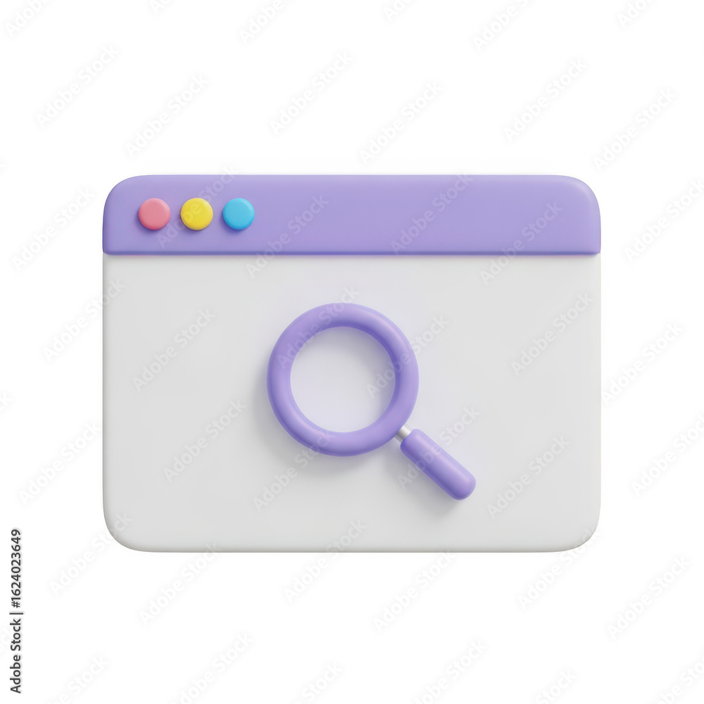 Poster 3d illustration of a magnifying glass inside a web browser window with colorful tabs, isolated on tr