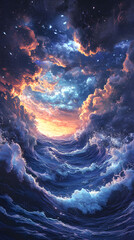 Surreal seascape with dramatic storm clouds opening to a starry cosmic sky. A vibrant background for a fantasy event.