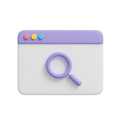 3d illustration of a magnifying glass inside a web browser window with colorful tabs, isolated on transparent background