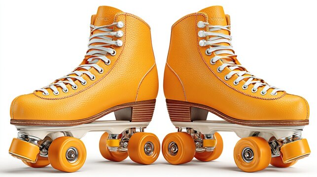A pair of vibrant orange quad roller skates with white laces and wooden-like platforms, isolated on a white background, showcases a retro design aesthetic
