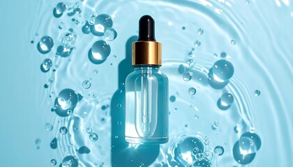 Clear dropper bottle with golden cap surrounded by water drops and ripples on a light blue surface.