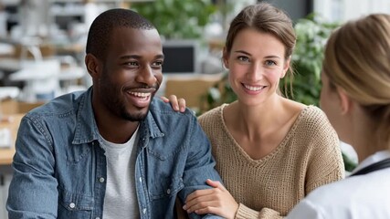 Happy couple in casual clothing consulting doctor in healthcare setting, representing accessibility and comfort – Video 4K UHD 60fps - Powered by Adobe