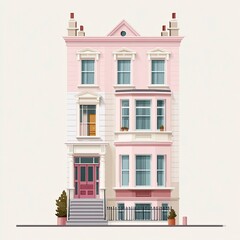 Obraz premium Pink Victorian townhouse, city street, illustration, real estate