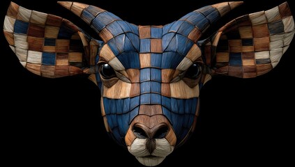 Animal head,  wood-paneled,  checkerboard design