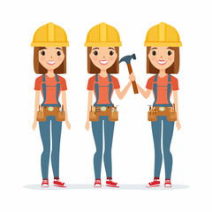 Female builder character set. Cartoon woman carpenter in safety helmet and tool belt shown in different poses, holding a hammer.