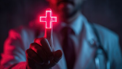 Doctor's finger glows with red cross