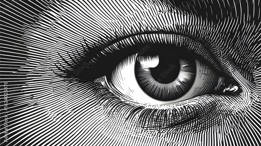 Poster abstract trippy eye art with black and white concentric distortion lines, optical illusion pattern c