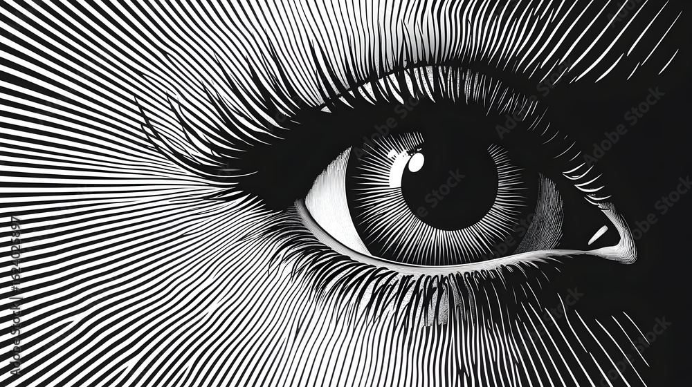 Poster mind-bending visual of an eye surrounded by twisting black and white lines, psychedelic geometric ef