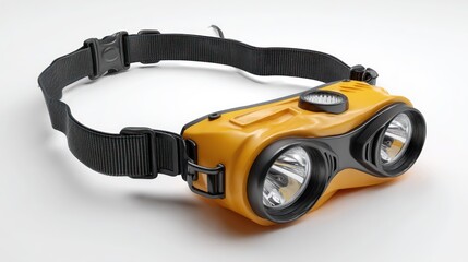 A realistic 3D headlamp with adjustable strap on a white background