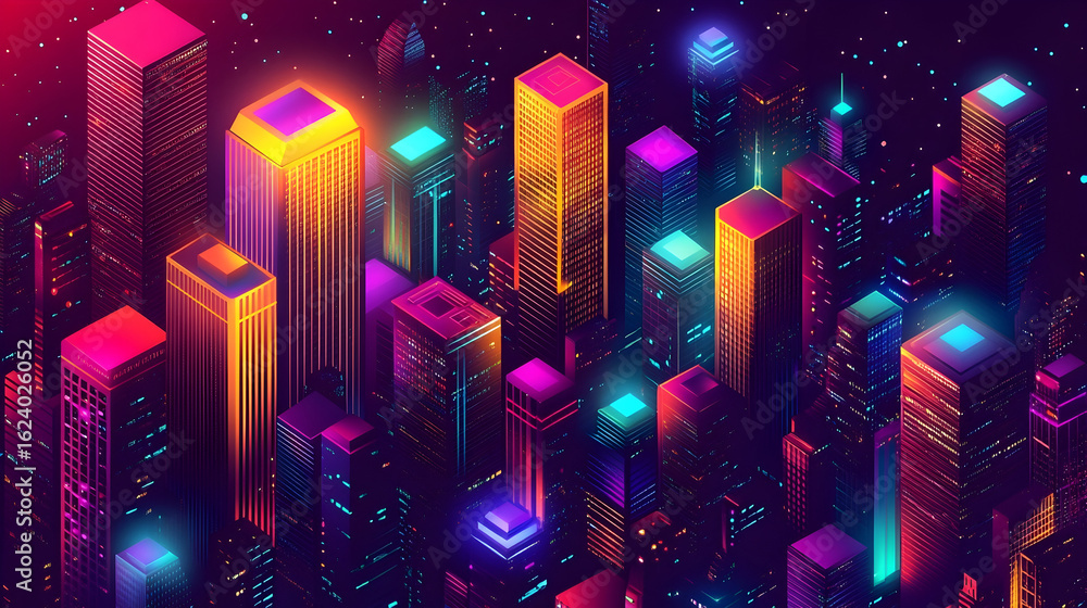 Poster abstract digital cityscape with glowing neon blocks and futuristic architecture, isometric compositi