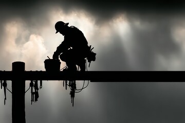 Silhouette of a lineman repairing power lines on a cloudy day