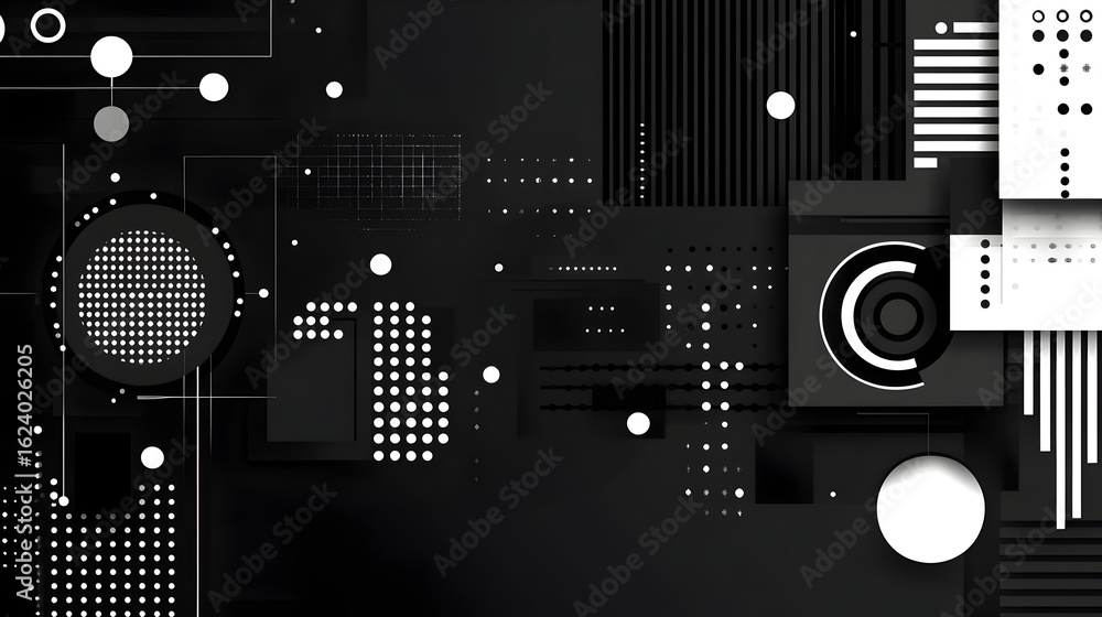 Poster minimalistic geometric artwork featuring monochrome circles, grid-like dots, and square forms, abstr