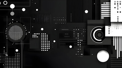 Minimalistic geometric artwork featuring monochrome circles, grid-like dots, and square forms, abstract design suitable for futuristic and audio-related projects