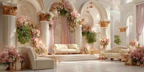 Elegant wedding setup; pastel flowers, cream sofas,  grand columns, and soft lighting