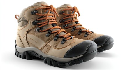 A detailed 3D hiking boots with laces and tread on a white background