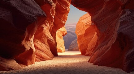 Sandstone canyon walls frame a sunlit sandy path