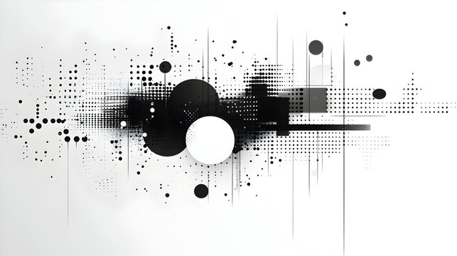 Modern abstract background with black and white circles, squares, and dotted patterns, minimalistic geometric design ideal for tech, music, or futuristic visual themes - Powered by Adobe