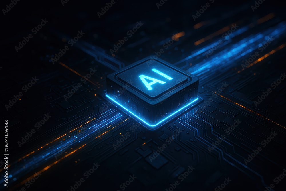 Poster glowing ai technology concept sparks innovation with digital data in dark science environment