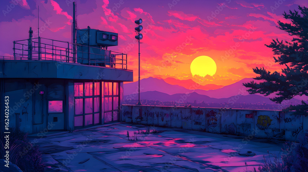 Poster sunset scene in a cyberpunk metropolis featuring a high-tech building with glowing pink windows, gra
