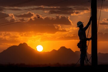 Silhouette of Lineman Working on Utility Pole at Sunset
