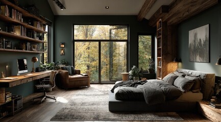 Dark, wood-paneled bedroom with large windows overlooking autumn foliage