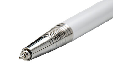 Close-up of a white pen's tip and barrel.  Fine details of the metallic tip and ribbed barrel are visible